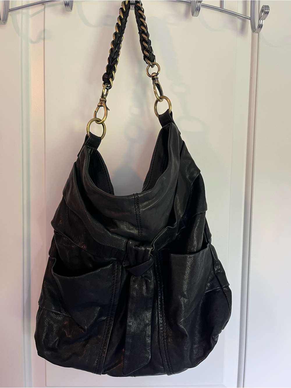 Andrew Marc Black Leather Hobo with Braided Chain Strap